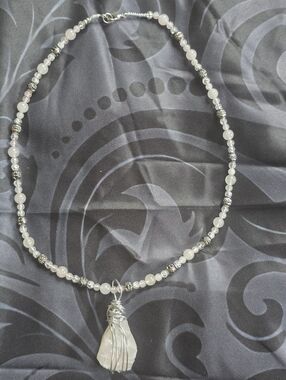 Aquamarine, Rose Quarts And Clear Quartz Beaded With Rose Quartz Pendant